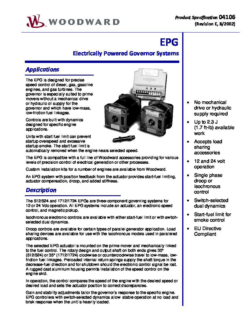First Page Image of 8256-008 Woodward 04106 Product Spec EPG Electrically Powered Governor Datasheet.pdf